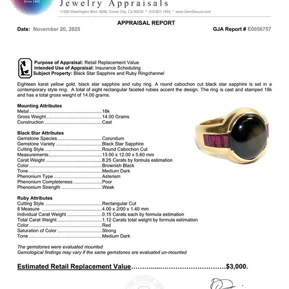 18K Yellow Gold Black Star Sapphire and Ruby Ring - Picture 5 of 5